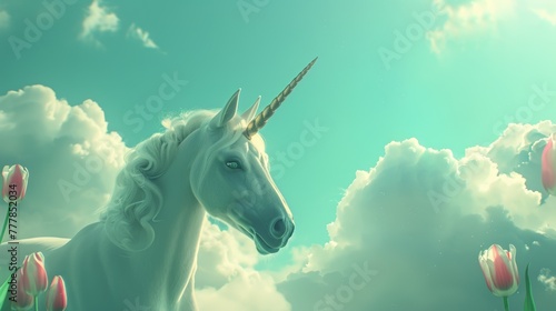 In a whimsical scene  a close-up captures a white unicorn surrounded by fluffy clouds  Minimalistic tulips add a pop of turquoise  creating a dreamy atmosphere of innocence and magic