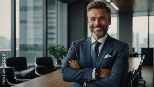 Businessman, arms crossed and portrait in office with smile for presentation or meeting with confidence, Male person, entrepreneur and corporate at work professional or formal outfit in boardroom