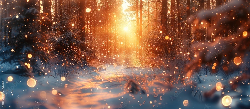 Bokeh Sunset Painting a Golden Hour Glow over a SnowCovered Forest