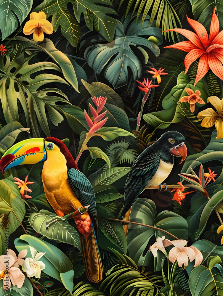 Obraz premium A tropical forest scene with two birds, one of which is a toucan. The birds are perched on branches and surrounded by lush green foliage. Concept of tranquility and natural beauty