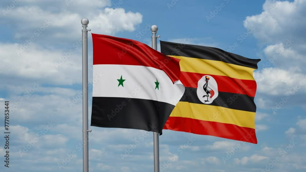 Republic of Uganda and Syrian two flags waving together, looped video, two country cooperation concept Republic of Uganda and Syrian two flags waving together, looped video, two country cooperation concept