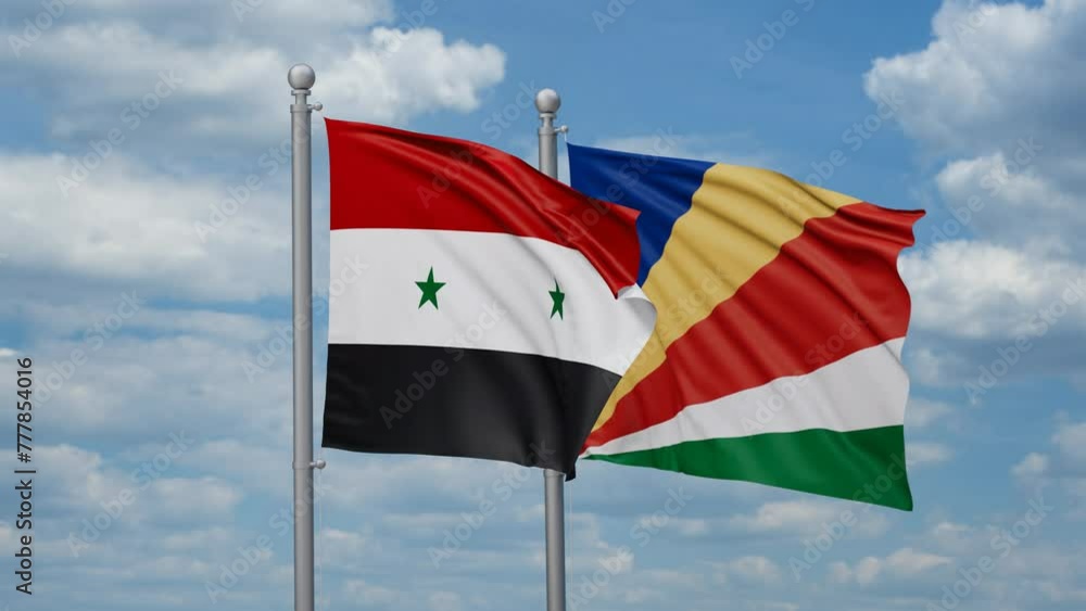 Seychelles and Syrian two flags waving together, looped video, two country cooperation concept Seychelles and Syrian two flags waving together, looped video, two country cooperation concept