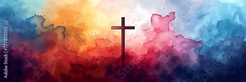 Jesus Christ's cross on a vibrant watercolor background, Illustration