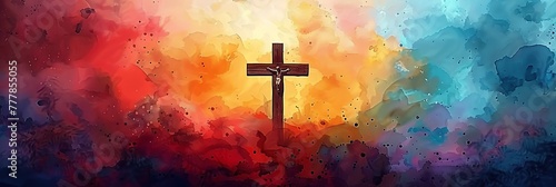 Jesus Christ's cross on a vibrant watercolor background, Illustration