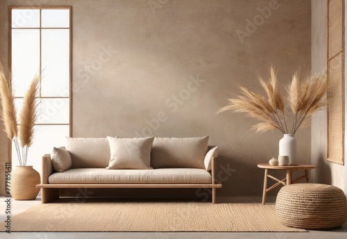 Interior mockup of a wabi-sabi style living room with a low sofa, burlap rug, and dried grass decorations against a blank wall background. 3d rendering.