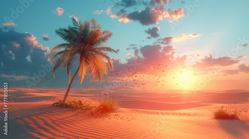 illustration of desert with palm tree in day light with Birds flying in Dune coloring.