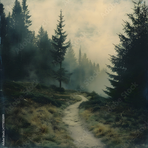 A forest path with a tree in the middle. The path is covered in grass and there is fog in the air