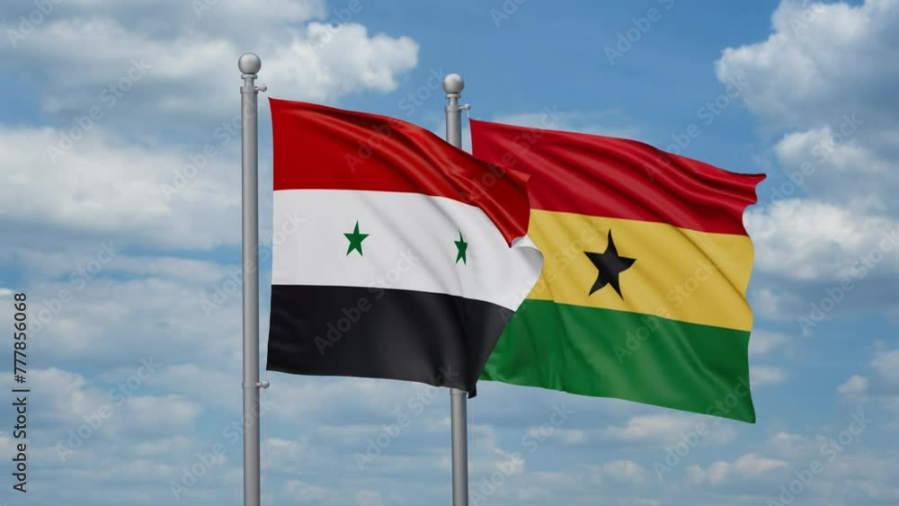 Ghana and Syrian two flags waving together, looped video, two country relations concept Ghana and Syrian two flags waving together, looped video, two country relations concept