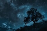 Mystical starry sky behind a silhouetted tree - A silhouetted tree against a vast starry night sky, evoking mystery and the unknown