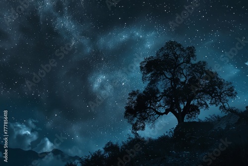 Mystical starry sky behind a silhouetted tree - A silhouetted tree against a vast starry night sky, evoking mystery and the unknown
