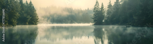 A lake with a foggy sky and trees in the background. The water is calm and still