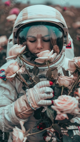 girl astronaut in a spacesuit and astronaut helmet close-up with pink roses in pastel colors.Girl with flowers.Space flight concept
