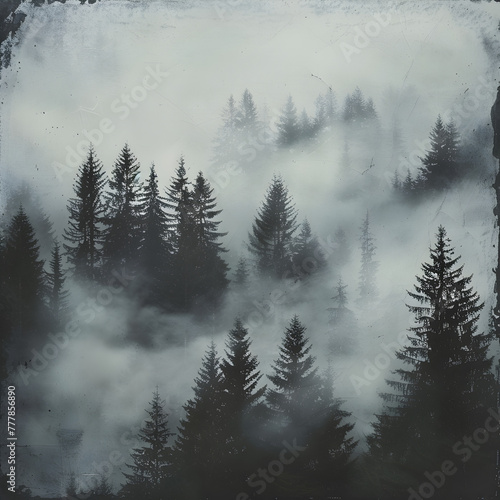 A forest with trees covered in mist. The trees are tall and the sky is cloudy