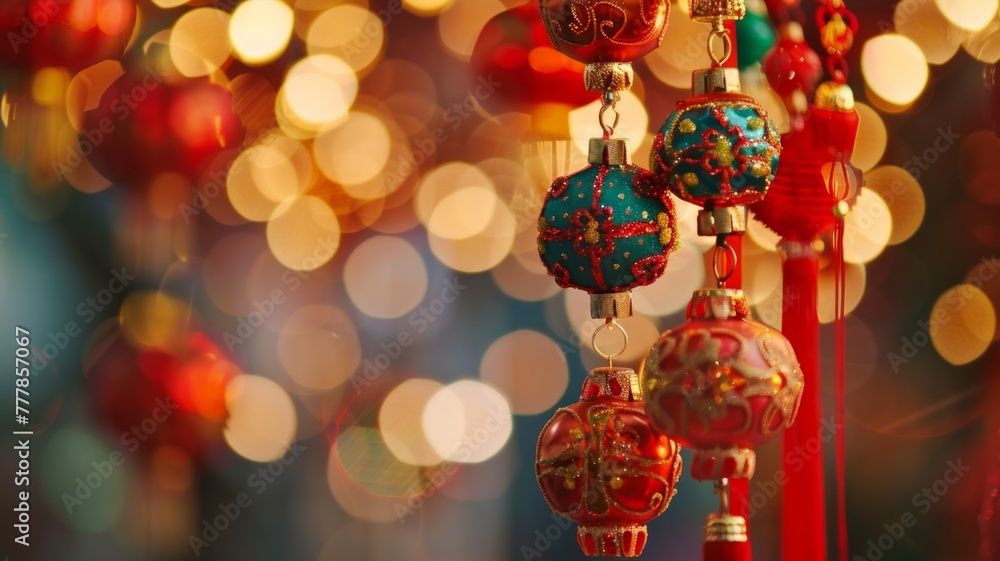 Colorful Chinese lanterns and bokeh lights - Vibrant Chinese lanterns hang with a backdrop of golden bokeh lights, showcasing traditional decor