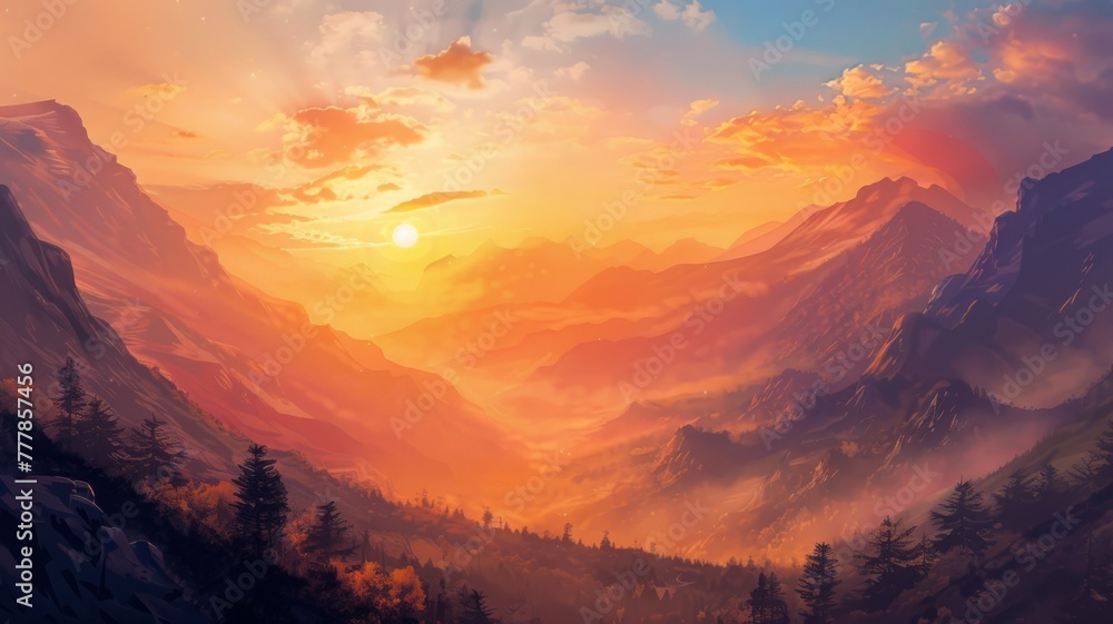 Breathtaking mountain sunset with vibrant hues - A stunning digital artwork depicting an awe-inspiring sunset across majestic mountain ranges with a warm color palette