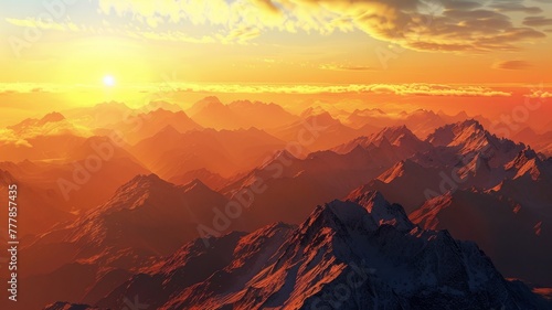 Mountain range bathed in warm sunset light - A striking scene of a mountain range enveloped in a golden sunset with sharp peaks and a gradient sky