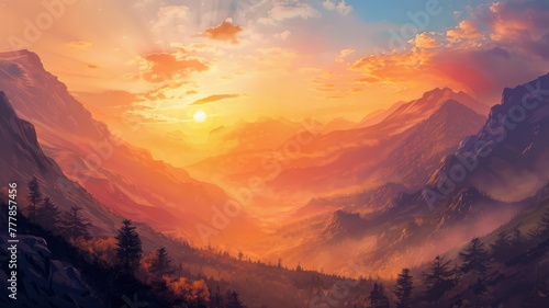 Breathtaking mountain sunset with vibrant hues - A stunning digital artwork depicting an awe-inspiring sunset across majestic mountain ranges with a warm color palette