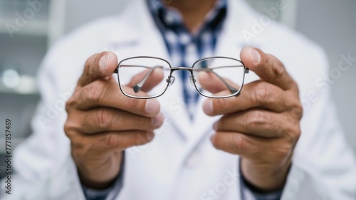 Optometrist hand holding clear eyeglasses - A professional close-up of a person's hands holding clear eyeglasses in a clinical setting
