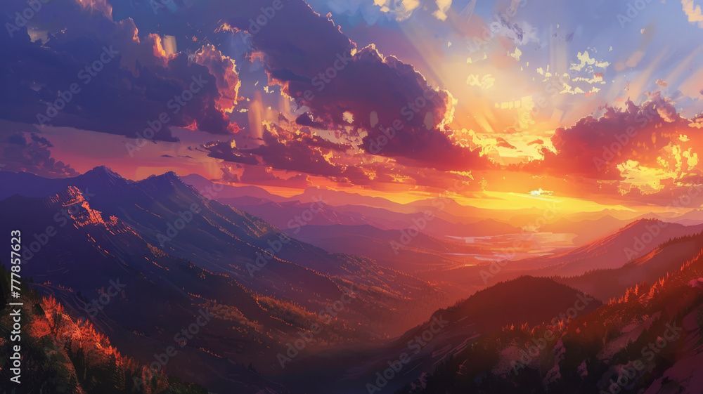 Breathtaking sunset mountainscape with vibrant skies - This picturesque landscape showcases a stunning sunset over a serene mountain range, with dramatic lighting and a vibrant color palette enhancing