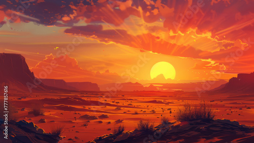 Stunning desert sunset with vibrant colors - A breathtaking illustration of a desert landscape under a dramatic sunset with rich orange and red hues