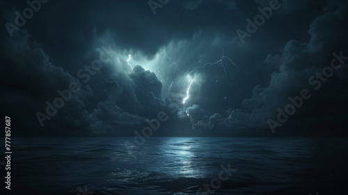 Dramatic thunderstorm over turbulent sea - The image captures a powerful thunderstorm at night with intense lightning bolts striking over a dark, churning ocean