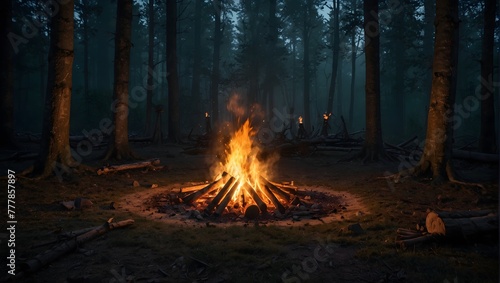 A mystical bonfire in an ancient forest clearing, surrounded by mysterious symbols and flickering shadows Generative AI