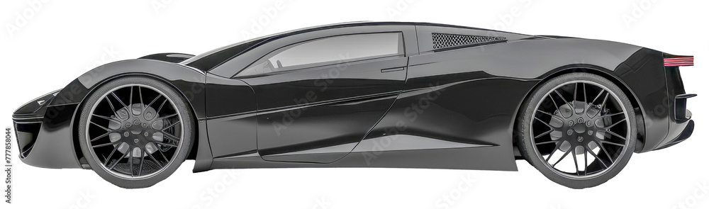 A black sports car with a shiny finish and a sleek design, cut out - stock png.