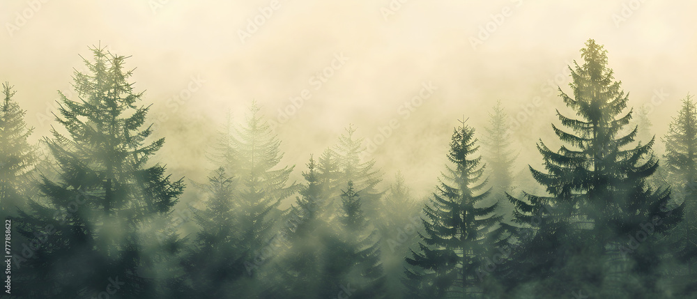 A forest with trees covered in mist. The trees are tall and green, and the mist gives the scene a serene and peaceful atmosphere