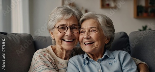 Cheerful cute granddaughter kid and loving grandma hugging on comfortable couch, smiling at camera, laughing, turning look at each other, enjoying funny family leisure, close friendship © muqadas