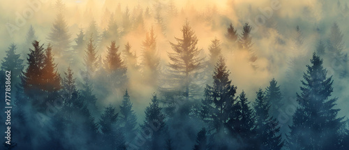 A forest with trees covered in mist. The trees are tall and the mist is thick, creating a serene and peaceful atmosphere