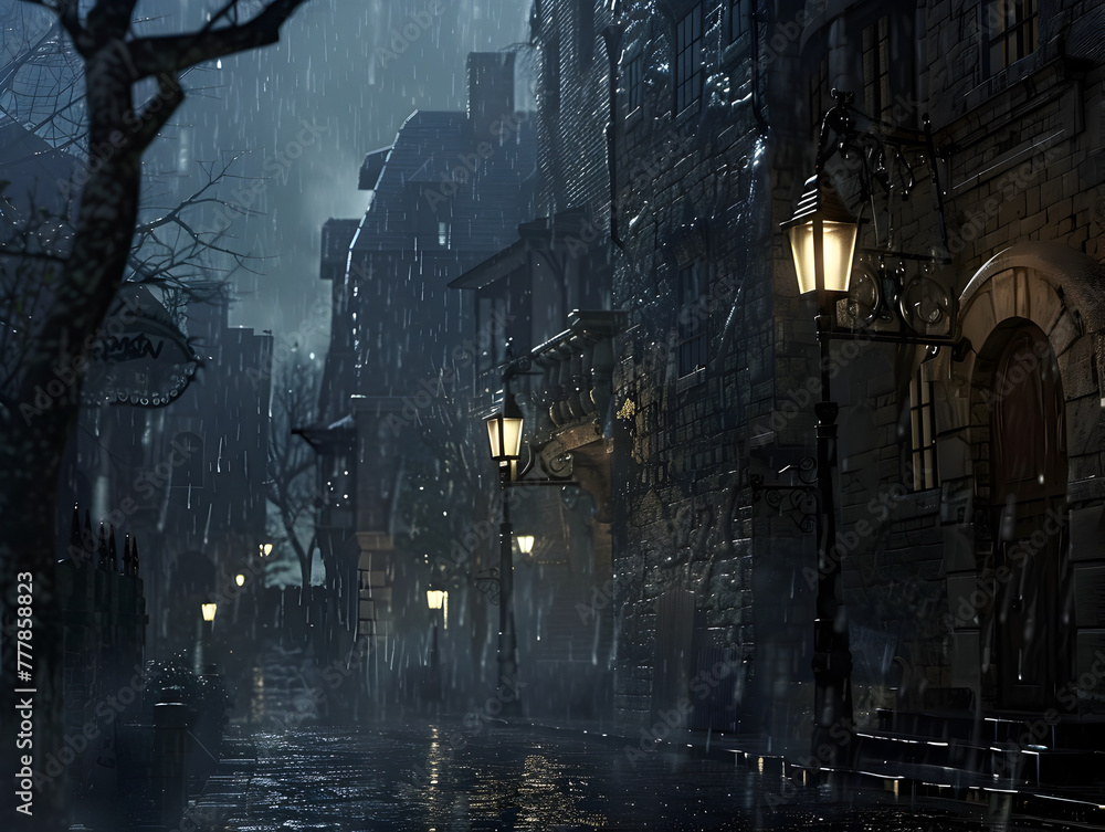 A rainy night in a city with a street lamp on the sidewalk. The street is wet and the buildings are dark