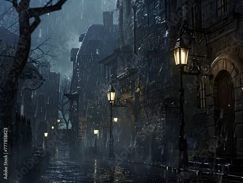 A rainy night in a city with a street lamp on the sidewalk. The street is wet and the buildings are dark