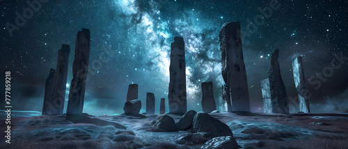A group of large rocks are illuminated by the stars and the Milky Way. The scene is serene and peaceful, with the stars and the rocks creating a sense of calm and tranquility photo