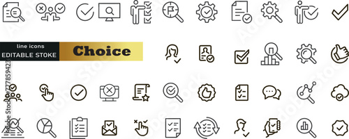 Choice web icons in line style. Option, checkmark, solving, selection, choose, possibility, collection. Vector illustration.