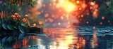 Tranquil D Clay Sunset Reflection in a Peaceful Pond adorned with Bokeh Lights