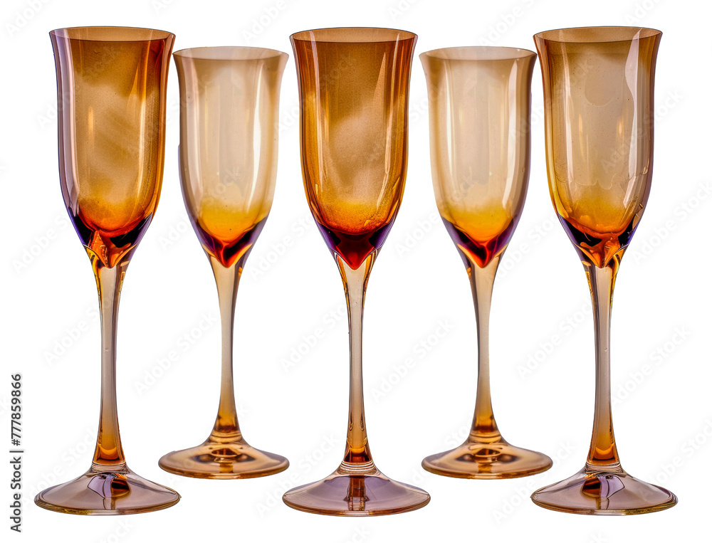 A set of five glasses with a gold tint, cut out - stock png.