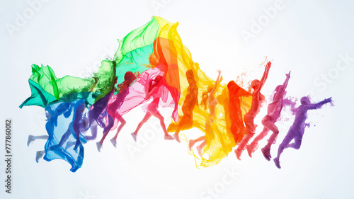 Silhouettes of people with colorful trails resembling vibrant flowing fabric, symbolizing movement and energy. photo