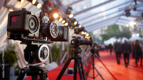 Professional cameras on tripods lining a red carpet event, capturing the glamor.