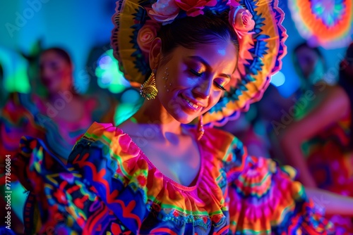 Cinco de Mayo woman dancer in a colorful outfit, festive party.
