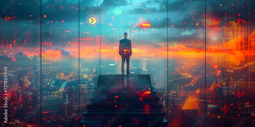 A man is walking up a staircase in a city. The image is a reflection of the city below, with the man's reflection visible on the stairs. Scene is one of ambition and determination. A man is walking up a staircase in a city. The image is a reflection of the city below, with the man's reflection visible on the stairs. Scene is one of ambition and determination.
