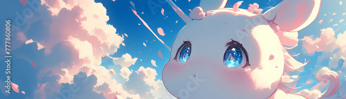 A chubby white baby baby unicorn's face, surrounded by fluffy clouds in pastel hues. Sakura add a touch of whimsy to the minimalistic scene, evoking a sense of innocence and charm photo