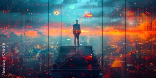A man is walking up a staircase in a city. The image is a reflection of the city below  with the man s reflection visible on the stairs. Scene is one of ambition and determination.