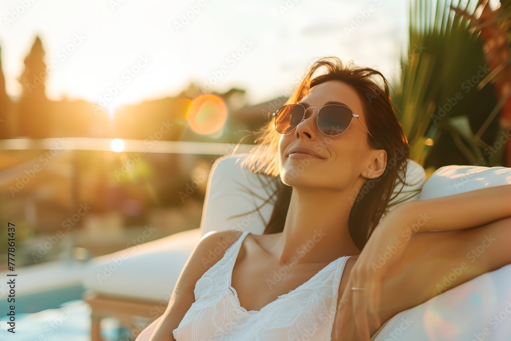 A woman is laying on a lounge chair by a pool, wearing sunglasses and smiling A woman is laying on a lounge chair by a pool, wearing sunglasses and smiling