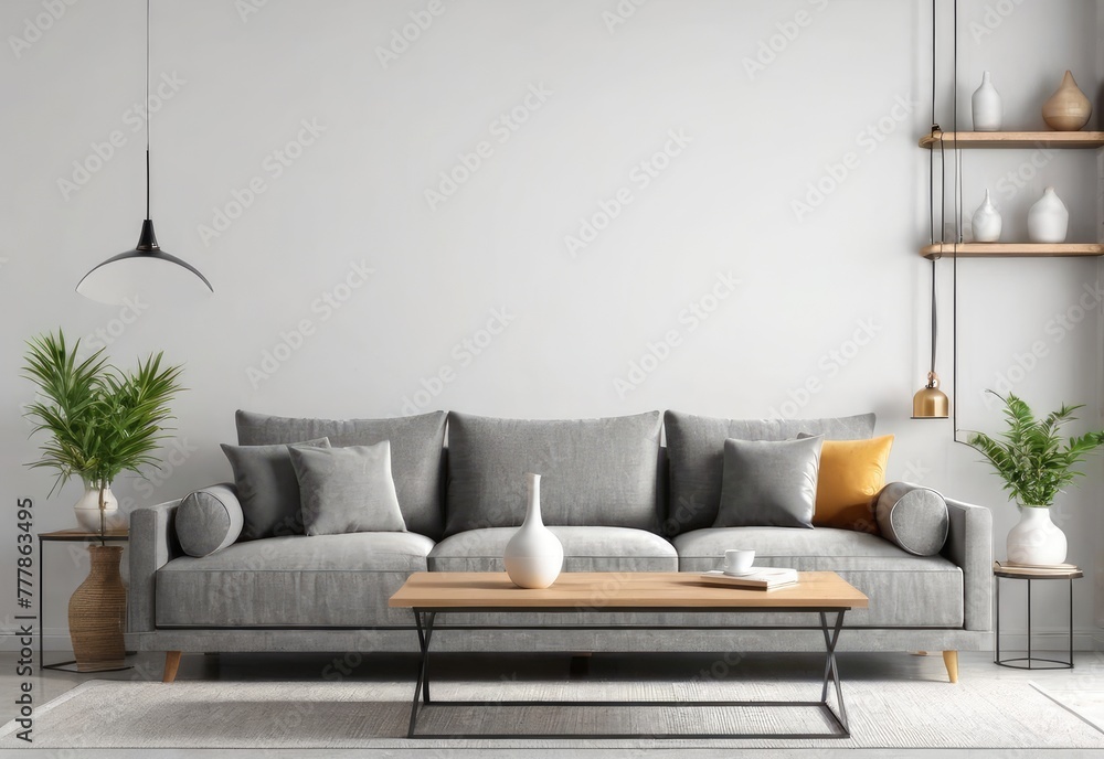 Obraz premium Living room interior wall mockup with gray fabric sofa and pillows on white background with empty space. 3d rendering