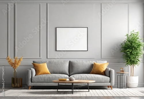 Living room interior wall mockup with gray fabric sofa and pillows on white background with empty space. 3d rendering