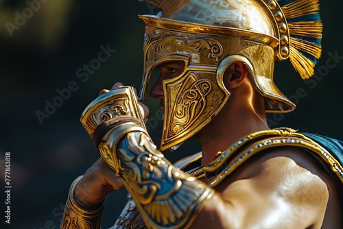 Closeup Gladiator with Gold Armor and Helmet