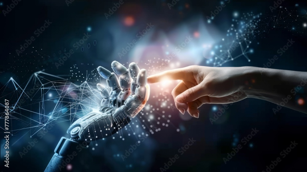 robot and human hand touching on network connection robot and human hand touching on network connection