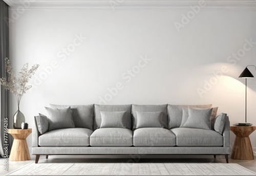 Living room interior wall mockup with gray fabric sofa and pillows on white background with empty space. 3d rendering © HENDRI