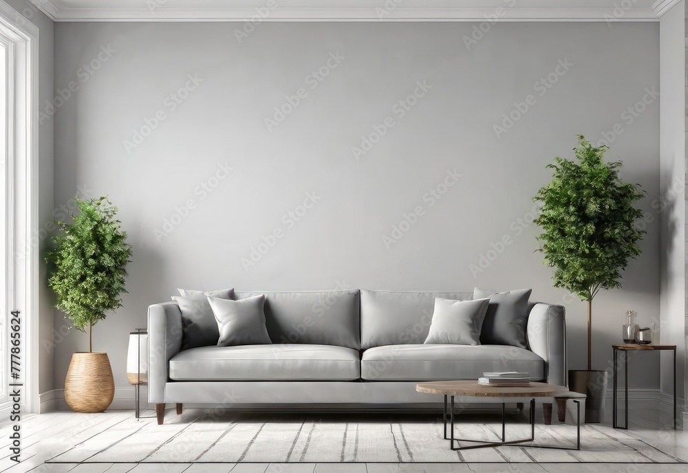 Living room interior wall mockup with gray fabric sofa and pillows on white background with empty space. 3d rendering Living room interior wall mockup with gray fabric sofa and pillows on white background with empty space. 3d rendering