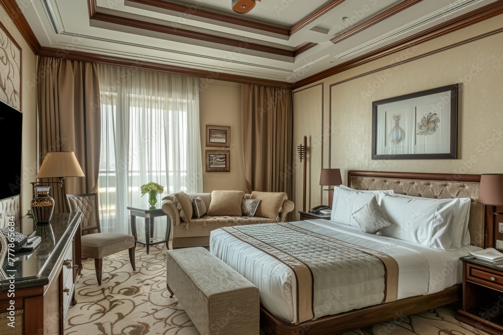 Stylish and luxurious hotel room interiors featuring modern decor and high-class accessories